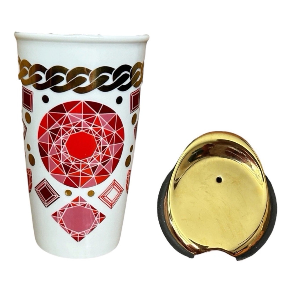 2014 STARBUCKS Ceramic Tumbler Mug w/ Lid Red Geometric Gem Gold Chain 12 oz